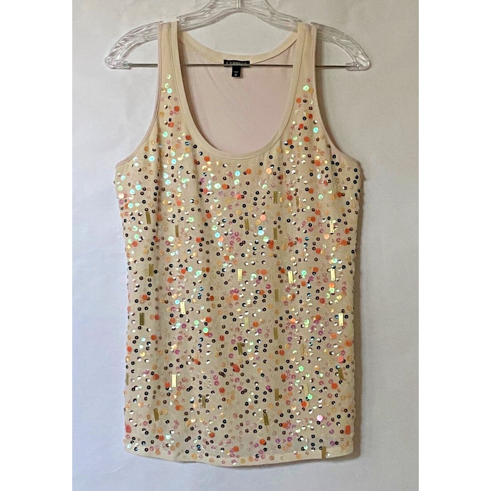 Express Tank Top Womens Small Cream with Multicolor Sequins Front Lined Read
